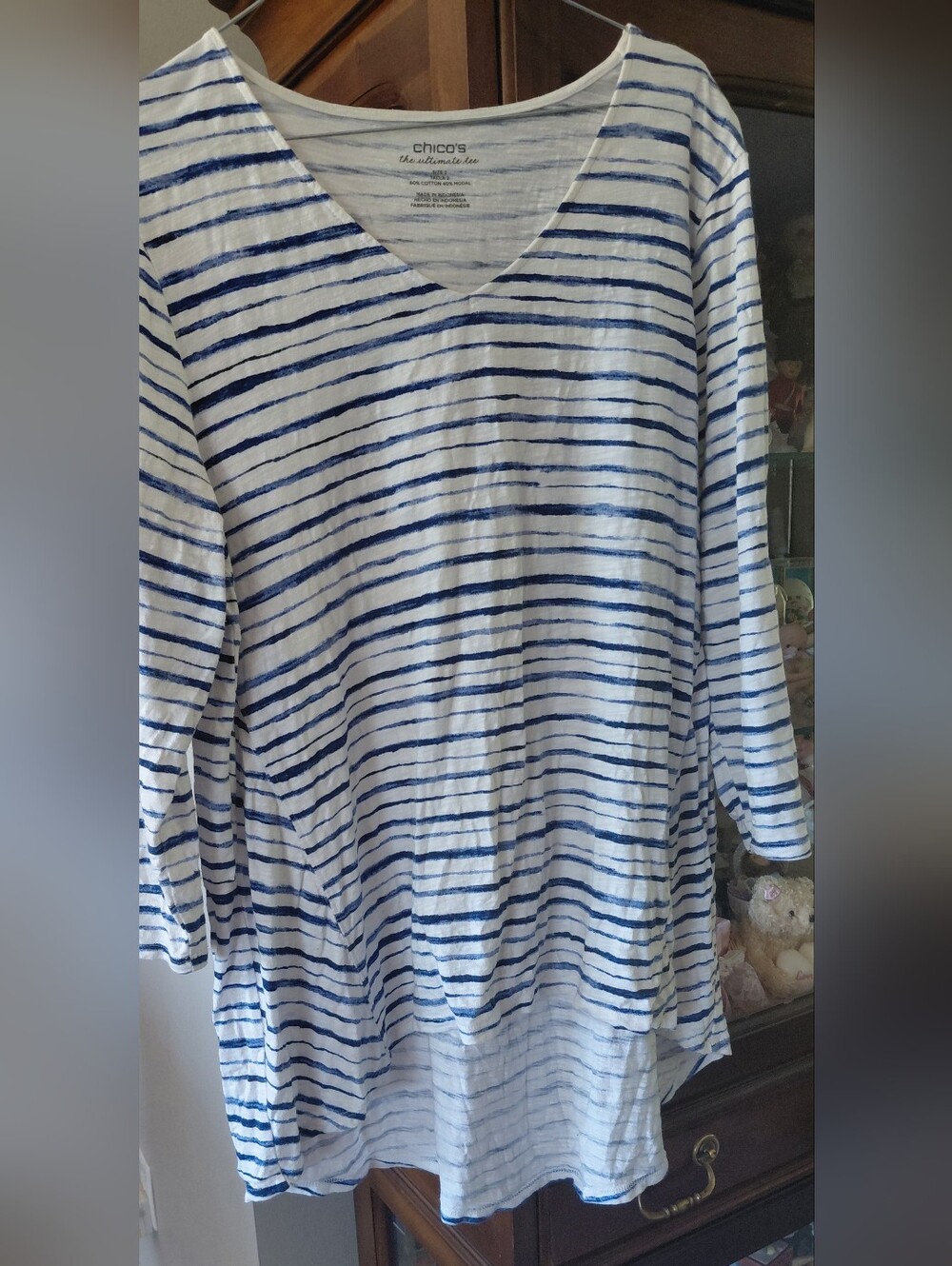 Chico's White and Blue Striped V-Neck High/Lo Tunic